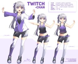 Rule 34 | 1girl, artist name, belt, blush, breasts, character traits, closed mouth, collarbone, crop top, grey hair, hair ornament, highres, jacket, long hair, long sleeves, looking at viewer, medium breasts, multicolored clothes, multicolored legwear, multiple views, mystic-san, navel, open mouth, original, parted lips, purple eyes, purple thighhighs, shoes, shorts, side ponytail, sleeveless, smile, sneakers, thighhighs, twitch.tv, twitch username, watermark, web address, white thighhighs