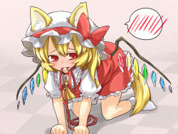 Rule 34 | 1girl, all fours, animal ears, ariyoshi gen, bad id, bad pixiv id, blonde hair, blush, collar, dog ears, dog tail, embarrassed, embodiment of scarlet devil, female focus, flandre scarlet, hat, kemonomimi mode, leash, mouth hold, red eyes, socks, solo, spoken blush, sweat, tail, touhou, wavy mouth, wings