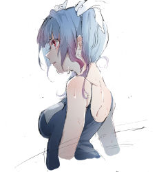 Rule 34 | 10s, 1girl, bare shoulders, blue hair, breasts, commentary request, hair ribbon, highres, i-19 (kancolle), kantai collection, large breasts, long hair, miwano rag, one-piece swimsuit, open mouth, red eyes, ribbon, school swimsuit, short hair, simple background, solo, swimsuit, twintails, wet, white background