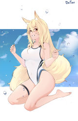 Rule 34 | 1girl, absurdres, animal ears, arknights, barefoot, blonde hair, breasts, chinese commentary, competition swimsuit, covered navel, dutou, food, full body, hair between eyes, highres, horse girl, kneeling, large breasts, long hair, nail polish, nearl (arknights), nearl (shimmering dew) (arknights), official alternate costume, one-piece swimsuit, orange eyes, outdoors, outside border, parted lips, popsicle, sidelocks, smile, solo, swimsuit, tail, water drop, white one-piece swimsuit