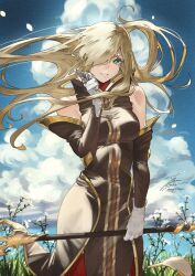 1girl bare_shoulders blonde_hair breasts brown_dress brown_sleeves cloud cloudy_sky commentary cumulonimbus_cloud detached_sleeves dress fadingz floating_hair flower gloves gold_trim grass green_eyes hair_over_one_eye hand_up high_collar highres holding holding_knife holding_staff knife long_hair looking_at_viewer medium_breasts outdoors pelvic_curtain pixiv_username red_shirt red_thighhighs shirt side_slit sidelocks signature sky smile solo staff standing tales_of_(series) tales_of_the_abyss tear_grants thighhighs white_gloves