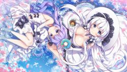 Rule 34 | 2girls, aircraft, airplane, azur lane, bare shoulders, black bow, black ribbon, blue eyes, blue sky, blush, bow, breasts, cleavage, closed mouth, cloud, commentary request, cup, day, dress, elbow gloves, from above, gloves, hair ribbon, hat, holding, holding cup, holding saucer, illustrious (azur lane), large breasts, long hair, looking at viewer, looking up, lying, mole, mole under eye, multiple girls, nyanya, on side, outdoors, purple eyes, purple hair, reflection, ribbon, saucer, shoes, silver hair, sky, smile, stuffed animal, stuffed pegasus, stuffed toy, stuffed unicorn, stuffed winged unicorn, teacup, unicorn (azur lane), very long hair, water, white dress, white footwear, white gloves, white hat