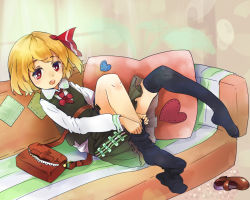 Rule 34 | 1girl, bag, black thighhighs, blonde hair, bow, dressing, hair bow, handbag, mary janes, murani, red eyes, rumia, shoes, unworn shoes, short hair, solo, thighhighs, touhou, undone, undressing