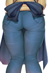 Rule 34 | 10s, 1girl, apron, ass, ass focus, close-up, denim, from behind, gundam, gundam build fighters, harihisa, hip focus, iori rinko, jeans, mature female, pants, pantylines, ribbed sweater, simple background, solo, sweater, thigh gap, white background, wide hips