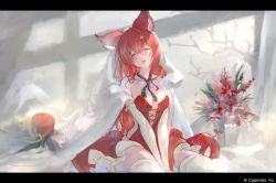 Rule 34 | 1girl, animal ears, anthuria, anthuria (holiday), bed sheet, blush, breasts, cleavage, closed eyes, collarbone, commentary request, company name, copyright name, dress, elbow gloves, erune, facing viewer, gloves, granblue fantasy, green neckerchief, hat, highres, letterboxed, long hair, medium breasts, neckerchief, official art, open mouth, plant, potted plant, red dress, red hair, red hat, sitting, sleeveless, sleeveless dress, smile, solo, thighhighs, unworn hat, unworn headwear, wariza, white gloves, white thighhighs