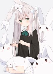 Rule 34 | 1girl, absurdres, animal, animal ears, animal on head, black dress, bow, brown eyes, rabbit, rabbit ears, closed mouth, collared dress, commentary request, dress, eating hair, green bow, green eyes, grey background, grey hair, hair bow, highres, long hair, long sleeves, looking at viewer, memekko, on head, open mouth, original, sitting, solo, twintails, very long hair, white bow, wide sleeves