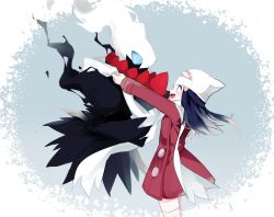 Rule 34 | 00s, 1girl, alternate costume, bad id, bad pixiv id, blue hair, coat, creatures (company), darkrai, dawn (pokemon), eye contact, game freak, gen 4 pokemon, hair ornament, hairclip, hat, legendary pokemon, looking at another, md5 mismatch, mythical pokemon, nintendo, pokemon, pokemon (creature), pokemon dppt, scarf, shared clothes, shared scarf, thighhighs, winter clothes, winter coat, ynmr35