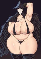 Rule 34 | 1girl, absurdres, arm behind head, arm up, armpits, black bra, black panties, bloodborne, boots, bra, breasts, clothes, collar, covered erect nipples, eileen the crow, elbow gloves, fat, female focus, gloves, goldcrustedchic, gradient background, hat, highres, huge breasts, looking at viewer, mask, mature female, panties, partially undressed, solo, string panties, thick thighs, thigh boots, thighhighs, thighs, underwear