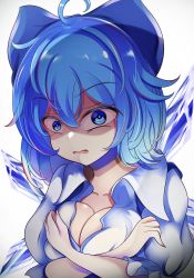 Rule 34 | 1girl, alternate breast size, blue eyes, blue hair, bow, breasts, cirno, cleavage, commentary request, covering privates, covering breasts, disgust, hair bow, highres, ice, ice wings, kana (user rkuc4823), large breasts, raised eyebrows, shaded face, solo, touhou, upper body, wings