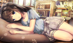 Rule 34 | 1girl, black hair, blouse, blue eyes, blue shirt, book, day, highres, indoors, jar, long hair, looking at viewer, lying, missile228, on side, original, parted lips, plant, room, shelf, shirt, solo, thighs