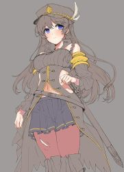 Rule 34 | 10s, 1girl, black hair, blue eyes, boots, breasts, detached sleeves, granblue fantasy, grey background, grey hat, hat, katsurai yoshiaki, lecia (granblue fantasy), long hair, looking at viewer, navel, pantyhose, pleated skirt, simple background, skirt, smile, solo, torn clothes, torn pantyhose