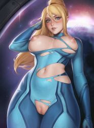 Rule 34 | 1girl, 2024, artist name, blonde hair, blue bodysuit, blue eyes, blush, bodysuit, bootybear, breasts, breasts apart, breasts out, cleft of venus, commentary, english commentary, high ponytail, highres, impossible bodysuit, impossible clothes, large breasts, lips, long hair, looking at viewer, metroid, navel, nintendo, nipples, parted lips, ponytail, pussy, samus aran, signature, skin tight, solo, space, stomach, torn bodysuit, torn clothes, window, zero suit