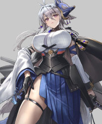 Rule 34 | 1girl, animal ears, antenna hair, azur lane, black gloves, breasts, closed mouth, commentary request, covered erect nipples, cuboon, floating hair, fox mask, from below, gloves, grey background, hair between eyes, hand on own thigh, large breasts, long sleeves, looking at viewer, looking down, mask, mask on head, purple eyes, sidelocks, silver hair, simple background, solo, thick eyebrows, thigh strap, thighs, tosa (azur lane), twitter username, wide sleeves