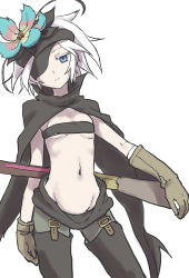 Rule 34 | 1girl, absurdres, blue eyes, breasts, closed mouth, eyepatch, flamie speeddraw, flower, gloves, hair flower, hair ornament, highres, looking at viewer, medium hair, navel, pantyhose, rokka no yuusha, simple background, solo, white background, white hair, yamamoto souichirou