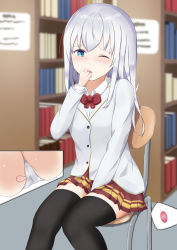 Rule 34 | 1girl, aru (pixiv 17223966), ass, between legs, black thighhighs, blue eyes, blurry, blurry background, blush, book, bookshelf, bow, bowtie, breasts, buttons, cameltoe, chair, collared shirt, controller, discreet vibrator, female focus, from below, half-closed eye, hand between legs, hand to own mouth, hand up, highres, indoors, jacket, library, long hair, miniskirt, multiple views, nose blush, on chair, one eye closed, open mouth, original, panties, pleated skirt, pussy juice, red bow, red bowtie, red skirt, remote control, remote control vibrator, school chair, school uniform, sex toy, shirt, sidelocks, sign, sitting, skirt, small breasts, solo, thighhighs, underwear, vibrator, vibrator under clothes, vibrator under panties, wet, wet clothes, wet panties, white hair, white jacket, white panties, white shirt, wince, zettai ryouiki