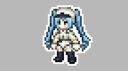 Rule 34 | 1girl, black footwear, blue hair, boots, chibi, drill hair, goddess of victory: nikke, hat, kayu pso2, light blue hair, long hair, military hat, military uniform, peaked cap, pixel art, privaty (nikke), simple background, solo, thigh boots, twintails, uniform, white hat, yellow eyes
