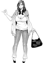 Rule 34 | 1girl, azukiko, bag, breasts, earrings, full body, greyscale, jewelry, large breasts, long hair, monochrome, necklace, original, pants, shoes, simple background, standing