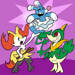 Rule 34 | :d, ^ ^, animal ear fluff, braixen, brionne, closed eyes, commentary, creatures (company), eyelashes, fang, game freak, gen 5 pokemon, gen 6 pokemon, gen 7 pokemon, grin, holding, holding pokemon, holding stick, nintendo, open mouth, pembroke, pokemon, pokemon (creature), purple background, red eyes, servine, smile, standing, stick, teeth, upper teeth only