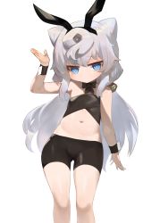 Rule 34 | 1boy, animal ears, arm up, bandeau, bike shorts, black shorts, blue eyes, blue hair, dokomon, fake animal ears, hacka doll, hacka doll 3, highres, long hair, low twintails, navel, rabbit ears, shorts, simple background, solo, thighs, trap, twintails, white background, wrist cuffs