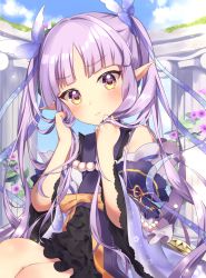Rule 34 | 1girl, absurdres, bare shoulders, blue kimono, blue ribbon, blue sky, blunt bangs, blush, bow, brown bow, closed mouth, cloud, commentary request, day, flower, hair ribbon, hands up, highres, holding, holding own hair, japanese clothes, ken pyatsu, kimono, kyoka (princess connect!), long hair, long sleeves, outdoors, parted bangs, pillar, pink flower, pointy ears, princess connect!, purple hair, ribbon, see-through, sitting, sky, solo, twintails, very long hair, wide sleeves, yellow eyes