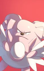 Rule 34 | absurdres, blissey, closed mouth, commentary, creatures (company), egg, frown, furrowed brow, fusion, game freak, gen 2 pokemon, granbull, highres, looking at viewer, makoto ikemu, nintendo, no humans, pokemon, pokemon (creature), red background, simple background, solo