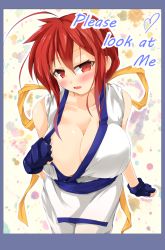Rule 34 | 1girl, ahoge, another kung fu girl, blue gloves, blue sash, blush, breasts, cleavage, collarbone, commentary request, dai fuku, dougi, english text, eyebrows, fingerless gloves, gloves, hair ornament, hair ribbon, hand on own chest, highres, karate gi, large breasts, long hair, m.u.g.e.n, naughty face, open mouth, original, paizuri invitation, presenting, red eyes, red hair, ribbon, sash, simple background, solo, standing, yellow ribbon
