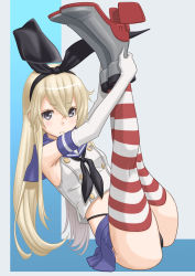 Rule 34 | 1girl, anchor hair ornament, black hairband, black neckerchief, black panties, blonde hair, blue sailor collar, blue skirt, commentary request, crop top, elbow gloves, gloves, grey eyes, hair ornament, hairband, highleg, highleg panties, highres, kantai collection, legs up, long hair, looking at viewer, microskirt, miniskirt, neckerchief, panties, pleated skirt, rudder footwear, sailor collar, shimakaze (kancolle), sitting, skirt, solo, striped clothes, striped thighhighs, t2r, thighhighs, underwear, white gloves