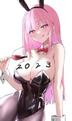 Rule 34 | 1girl, 2023, :q, absurdres, animal ears, bare shoulders, black leotard, body writing, bow, bowtie, breasts, channyy19, closed mouth, commentary, cup, detached collar, drinking glass, highres, holding, holding cup, hololive, hololive english, large breasts, leotard, licking lips, long hair, mori calliope, pantyhose, pink eyes, pink hair, playboy bunny, rabbit ears, red bow, red bowtie, solo, straight hair, symbol-only commentary, tongue, tongue out, virtual youtuber, wine glass, wrist cuffs