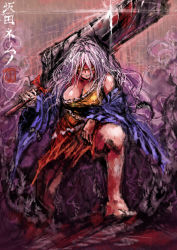 Rule 34 | 1girl, 2b-ge, arm rest, bare shoulders, barefoot, breasts, cleavage, cleaver, detached sleeves, dress, evil grin, evil smile, grin, highres, holding, holding weapon, large breasts, leaning forward, long hair, looking at viewer, messy hair, multicolored clothes, multicolored dress, nata (tool), one-hour drawing challenge, orange eyes, over shoulder, purple hair, sakata nemuno, sharp teeth, single strap, smile, solo, standing, teeth, toes, touhou, weapon, weapon over shoulder, wide sleeves