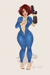 Rule 34 | 1girl, breasts, fallout (series), fallout 4, female focus, formal, gun, highres, law-zilla, red eyes, red hair, solo, suit, vault suit, weapon