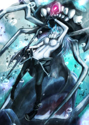Rule 34 | 10s, 1girl, abyssal ship, blue eyes, bodysuit, breasts, cape, gloves, glowing, glowing eyes, highres, hoshibuchi, kantai collection, long hair, monster, pale skin, personification, silver hair, solo, staff, wo-class aircraft carrier
