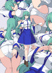 Rule 34 | 1girl, arms behind head, ass, bare shoulders, blue skirt, grabbing another&#039;s breast, breasts, brown footwear, cameltoe, closed eyes, closed mouth, covered erect nipples, detached sleeves, frog hair ornament, from behind, grabbing, grabbing from behind, hair between eyes, hair ornament, holding, kneepits, kochiya sanae, large breasts, long hair, long sleeves, looking at viewer, multiple views, panties, parted lips, shirt, shiseki hirame, skirt, sleeveless, sleeveless shirt, spread legs, thigh gap, thighs, touhou, underwear, white panties, white shirt, wide sleeves