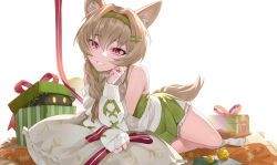 Rule 34 | 1girl, arknights, armpit crease, bare shoulders, beanstalk (arknights), beanstalk (gift uncompleted) (arknights), braid, brown hair, gift, hair ornament, hairband, hairclip, highres, hongbaise raw, hyena girl, hyena tail, metal crab (arknights), off-shoulder sweater, off shoulder, official alternate costume, parted lips, pillow, purple eyes, solo, sweater