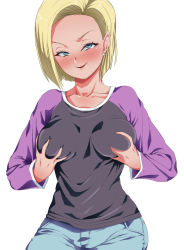 Rule 34 | 1girl, android 18, blonde hair, blue eyes, blush, breast hold, breasts, dragon ball, dragon ball super, female focus, looking at viewer, medium breasts, pervert, rom (20), short hair, smile, solo