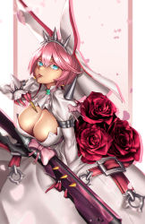 Rule 34 | 1girl, absurdres, ahoge, ammunition, arms up, belt, blue eyes, blurry, blush, border, breasts, bridal veil, bullet, cleavage, cleavage cutout, clothing cutout, clover, colored eyelashes, depth of field, dress, earrings, elphelt valentine, falling petals, flower, four-leaf clover, from side, full-power cartridge, gloves, guilty gear, guilty gear xrd, gun, hair between eyes, half-closed eyes, highres, holding, holding weapon, huge ahoge, jewelry, large breasts, magnum cartridge, ms. confille, nipples, o-ring, o-ring belt, outside border, petals, pink background, pink hair, pink ribbon, platinum disco, revolver rifle, ribbon, rifle, rifle cartridge, rose, short hair, simple background, solo, spikes, tongue, tongue out, veil, weapon, wedding dress, white background, white border, white dress, white gloves