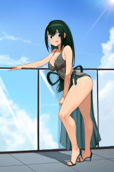 Rule 34 | 1girl, :p, asui tsuyu, bad id, bad twitter id, black eyes, black footwear, black hair, blue sky, boku no hero academia, breasts, cleavage, cloud, day, dress, frog girl, full body, high heels, highres, jason kim, legs, long hair, looking at viewer, outdoors, shoes, sky, solo, standing, sunlight, third-party edit, tongue, tongue out