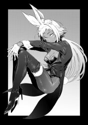 Rule 34 | 1girl, absurdres, animal ears, boots, breasts, cleavage, copyright request, dark skin, gloves, highres, jacket, leotard, long hair, looking at viewer, medium breasts, monochrome, playboy bunny, rabbit ears, rabbit tail, solo, tail, thigh boots, tsukumo nikyu, white gloves