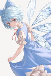 Rule 34 | 1girl, blue dress, blue eyes, blue hair, blush, bow, cirno, dress, dutch angle, feet out of frame, from side, grey background, hair bow, ice, ice wings, lazuri7, looking at viewer, short hair, simple background, smile, solo, touhou, wings