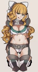 Rule 34 | 1girl, armor, bikini armor, blonde hair, boots, bow, breasts, charlotte (fire emblem), cleavage, female focus, fire emblem, fire emblem fates, gauntlets, hair bow, highres, kneeling, large breasts, licking lips, long hair, midriff, navel, nintendo, shoulder pads, simple background, solo, splashbrush, stomach, thigh boots, thighhighs, tongue, tongue out