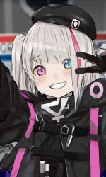 Rule 34 | 1girl, arm up, beret, black gloves, black hat, blue eyes, blunt bangs, commentary, girls&#039; frontline, gloves, grey hair, hair between eyes, hat, heterochromia, jacket, long hair, long sleeves, looking at viewer, mdr (girls&#039; frontline), multicolored hair, one side up, open clothes, open jacket, open mouth, pinch (nesume), pink eyes, pink hair, reaching, reaching towards viewer, selfie, side ponytail, sidelocks, smile, solo, strap, streaked hair, upper body, w, w over eye