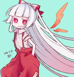 Rule 34 | 1girl, artist name, baggy pants, blunt bangs, bow, bright pupils, collared shirt, cosmicmind, cowboy shot, dated, detached wings, fiery wings, fujiwara no mokou, green background, grin, hair bow, hands in pockets, long hair, looking at viewer, pants, red bow, red eyes, red pants, shirt, simple background, smile, solo, suspenders, torn clothes, torn sleeves, touhou, very long hair, white bow, white hair, white pupils, white shirt, wings