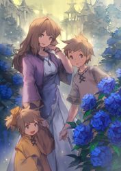 Rule 34 | 1girl, 2boys, brown eyes, brown hair, family, flower, highres, holding hands, hydrangea, lee hyeseung, mother and daughter, mother and son, multiple boys, original, ponytail, smile, wide sleeves