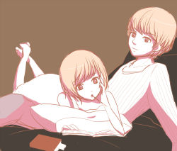 Rule 34 | 1boy, 1girl, atlus, bad id, bad pixiv id, bed, casual, couple, food, hetero, legs up, lying, lying on person, mouth hold, narukami yuu, on stomach, persona, persona 4, pillow, pocky, reading, satonaka chie, short hair, sweater
