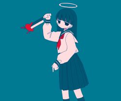 Rule 34 | 1girl, black eyes, black hair, black sailor collar, black skirt, black socks, blood, blue background, blunt bangs, closed mouth, dot mouth, feet out of frame, from side, halo, heart, highres, holding, holding knife, jitome, kitchen knife, kneehighs, knife, long hair, long skirt, long sleeves, looking at viewer, neckerchief, original, pleated skirt, red neckerchief, sailor collar, school uniform, serafuku, shirt, simple background, skirt, sleeve cuffs, socks, solo, sskitaco, stab, straight hair, white shirt