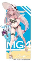 Rule 34 | bikini, blush, character name, copyright notice, dated, eating, food, full body, girls&#039; frontline, green bikini, hat, highres, long hair, looking at viewer, mg4 (girls&#039; frontline), navel, popsicle, ranyu, scrunchie, side-tie bikini bottom, solo, standing, straw hat, swimsuit, thigh strap, very long hair, wavy mouth, white hair, wrist scrunchie, yellow eyes