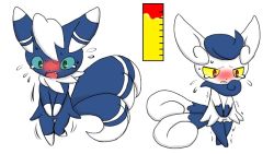 Rule 34 | 1boy, 1girl, animal ears, blue hair, blue sclera, blush, clenched teeth, colored sclera, creatures (company), crossed legs, embarrassed, fang, flying sweatdrops, full body, furry, game freak, gen 6 pokemon, green eyes, have to pee, knees together feet apart, leg up, meowstic, meowstic (female), meowstic (male), multiple tails, nintendo, open mouth, own hands together, pokemon, pokemon (creature), pokemon xy, red eyes, seiya mesu, sexual dimorphism, simple background, standing, standing on one leg, sweat, tail, tears, teeth, trembling, two tails, urine meter, v arms, wavy mouth, white background, white hair, yellow sclera