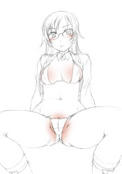Rule 34 | 1girl, bikini, blush, breasts, cameltoe, cleft of venus, edytha neumann, female focus, glasses, jacket, large breasts, monochrome, navel, nipples, open mouth, pussy, pussy peek, solo, spread legs, strike witches, swimsuit, wan&#039;yan aguda, world witches series