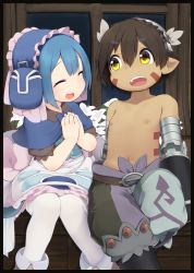 Rule 34 | 2boys, ^ ^, blue capelet, blue hair, brown hair, capelet, closed eyes, dark-skinned male, dark skin, diana (sailor moon), facial mark, facing another, hairband, highres, indoors, lolita hairband, looking at another, made in abyss, maid, maruruk, mechanical arms, multiple boys, nejime, nipples, pointy ears, regu (made in abyss), short hair, sitting, thighhighs, topless male, trap, white thighhighs, yellow eyes