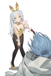 Rule 34 | 1boy, 1girl, animal ears, aroused nosebleed, bare shoulders, black pantyhose, blood, blowing kiss, blue hair, blurry, blurry foreground, breasts, cancer (zjcconan), cape, commentary request, detached collar, detached sleeves, drop earrings, earrings, elf, excessive nosebleed, fake animal ears, frieren, frieren blowing a kiss (meme), gold bowtie, gold footwear, gold leotard, green eyes, heart, high heels, highres, himmel (sousou no frieren), implied nosebleed, jewelry, leaning forward, leotard, light blue hair, long hair, looking at another, meme, nosebleed, oversized breast cup, pantyhose, parted lips, playboy bunny, pointy ears, puckered lips, rabbit ears, simple background, small breasts, sousou no frieren, standing, strapless, strapless leotard, twintails, white background, white cape, white hair, white wrist cuffs, wrist cuffs