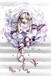 Rule 34 | bad id, bad pixiv id, blonde hair, doll, doll joints, dress, flower, from above, hachiro (delaglace), high heels, joints, lips, lipstick, long hair, makeup, original, painting (medium), ribbon, rose, shoes, solo, traditional media, veil, watercolor (medium), white dress